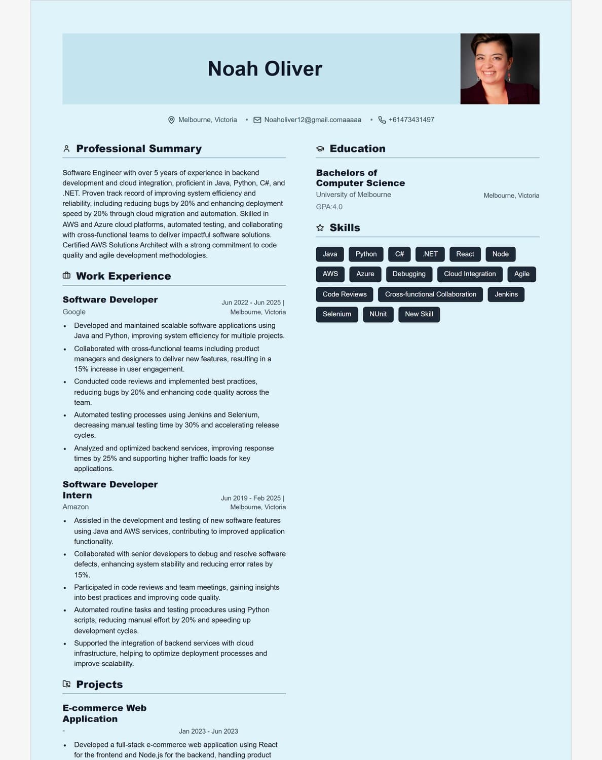 Noah Oliver resume preview using the Azure template