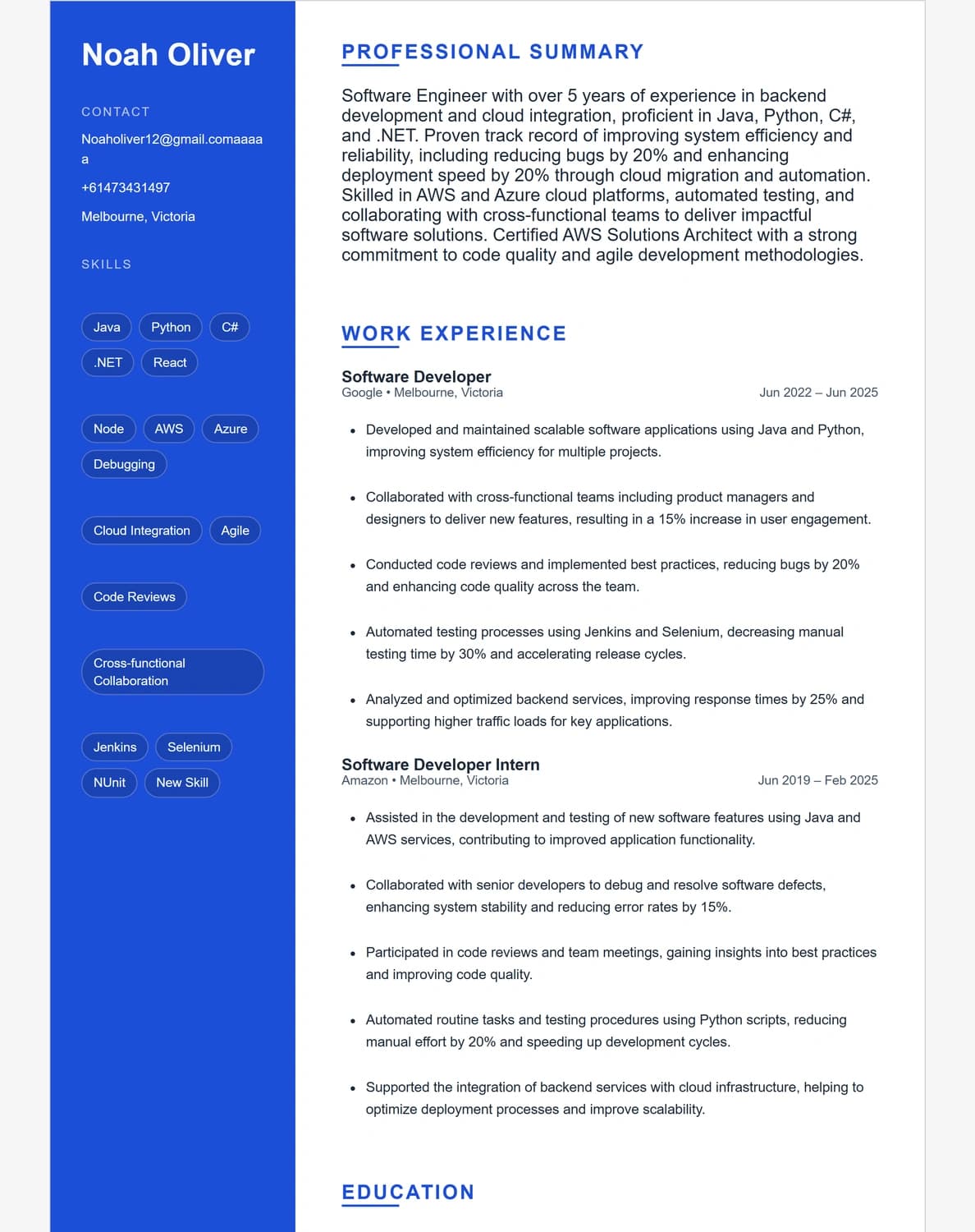 Noah Oliver resume preview using the Coastal template