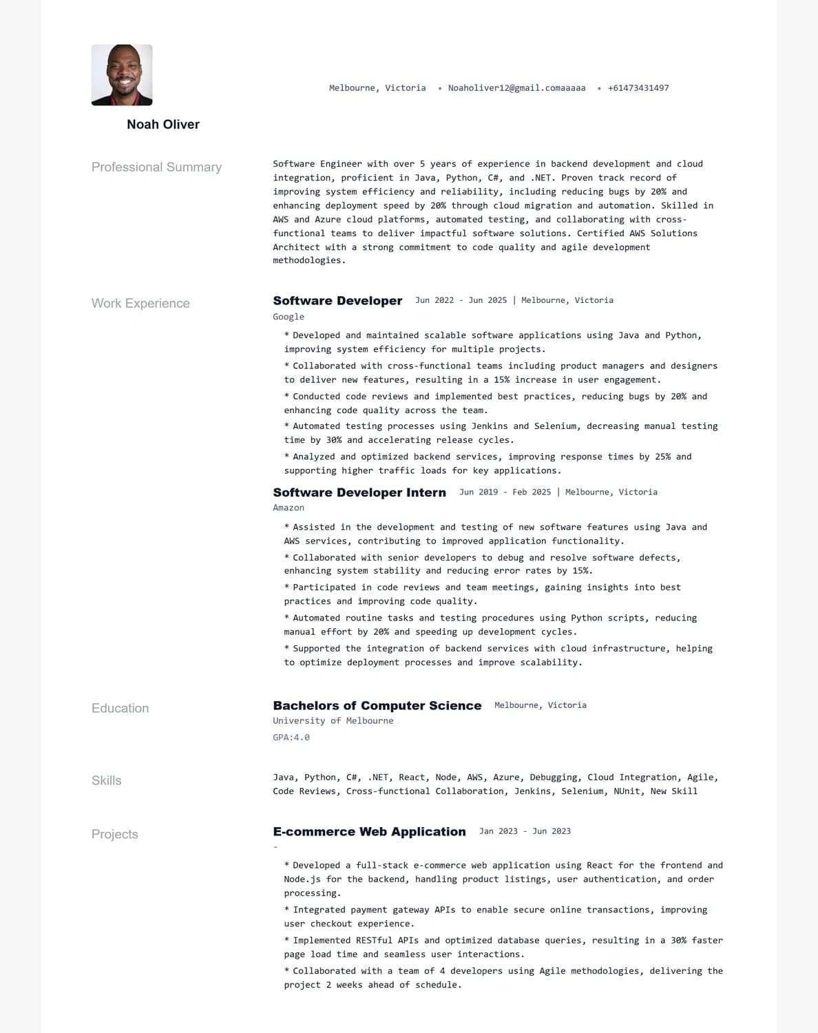 Noah Oliver resume preview using the Console template