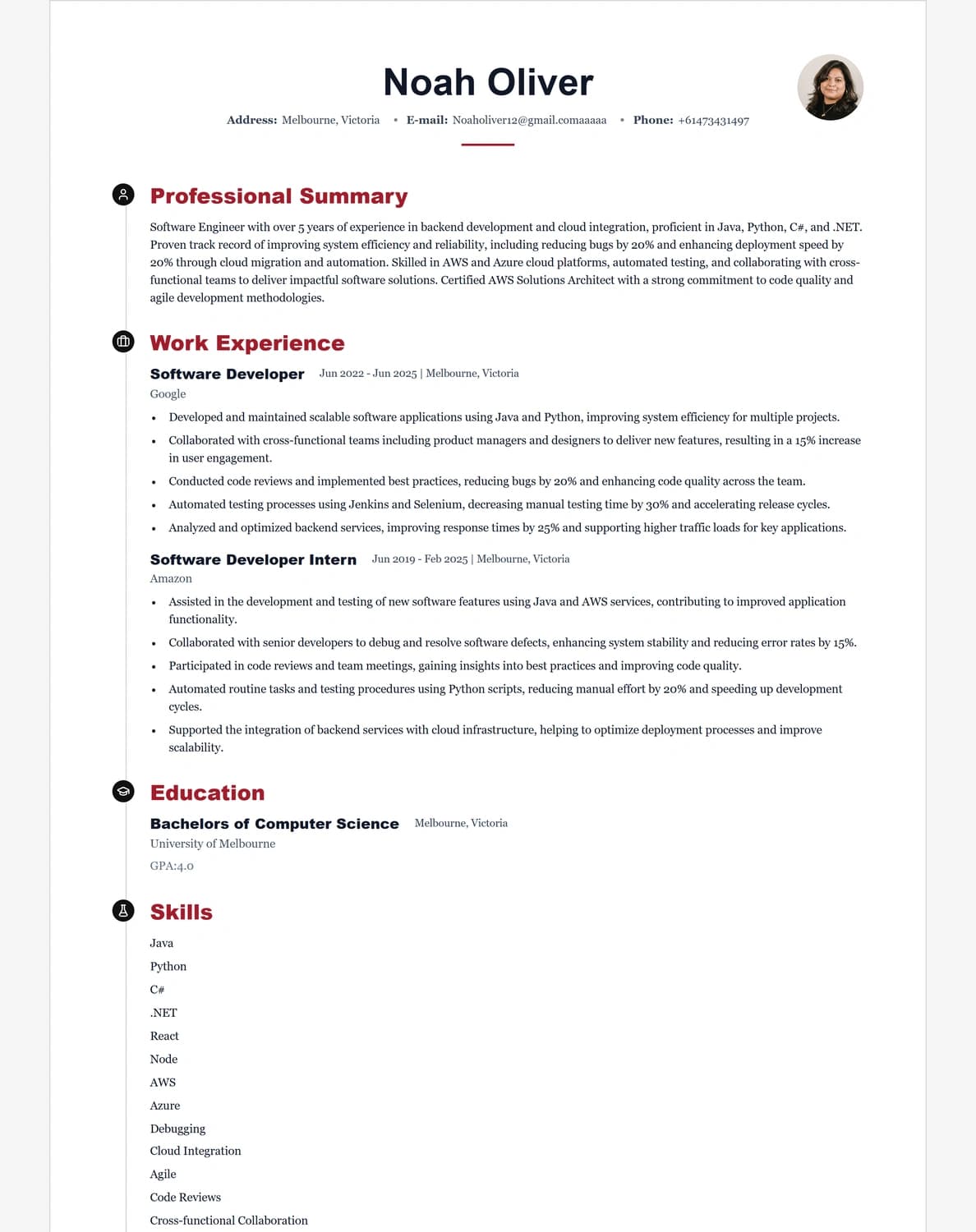 Noah Oliver resume preview using the Crimson template