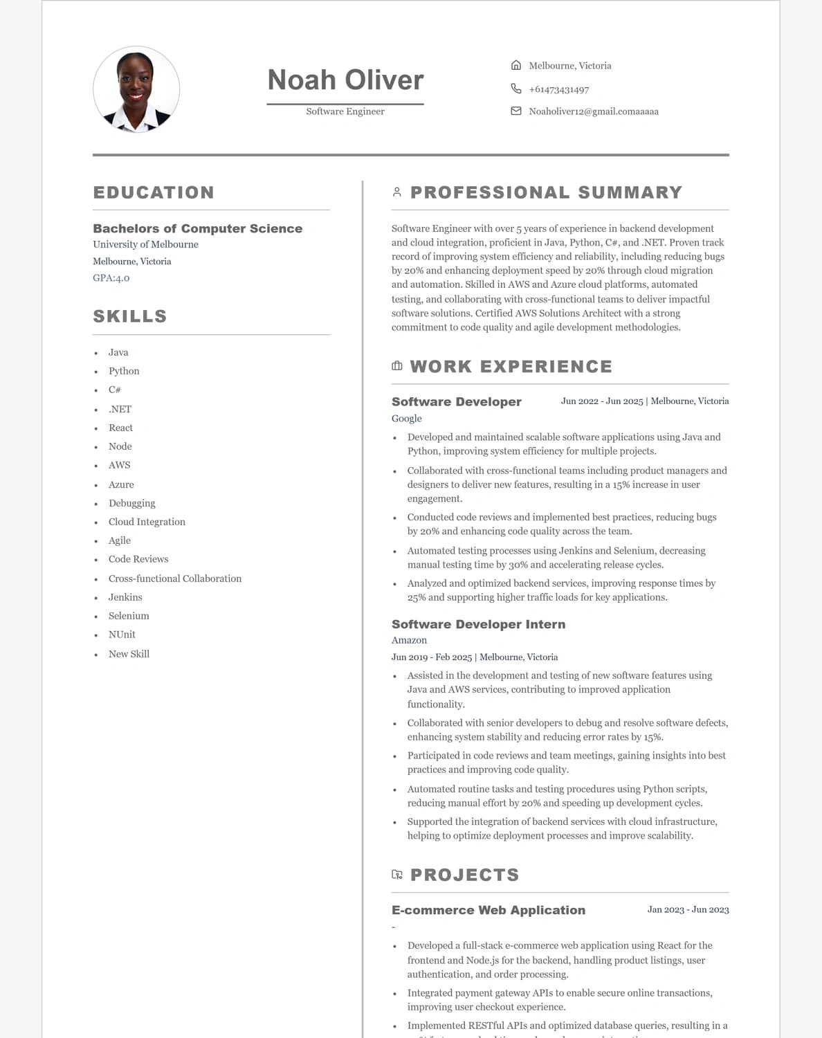 Noah Oliver resume preview using the Heritage template