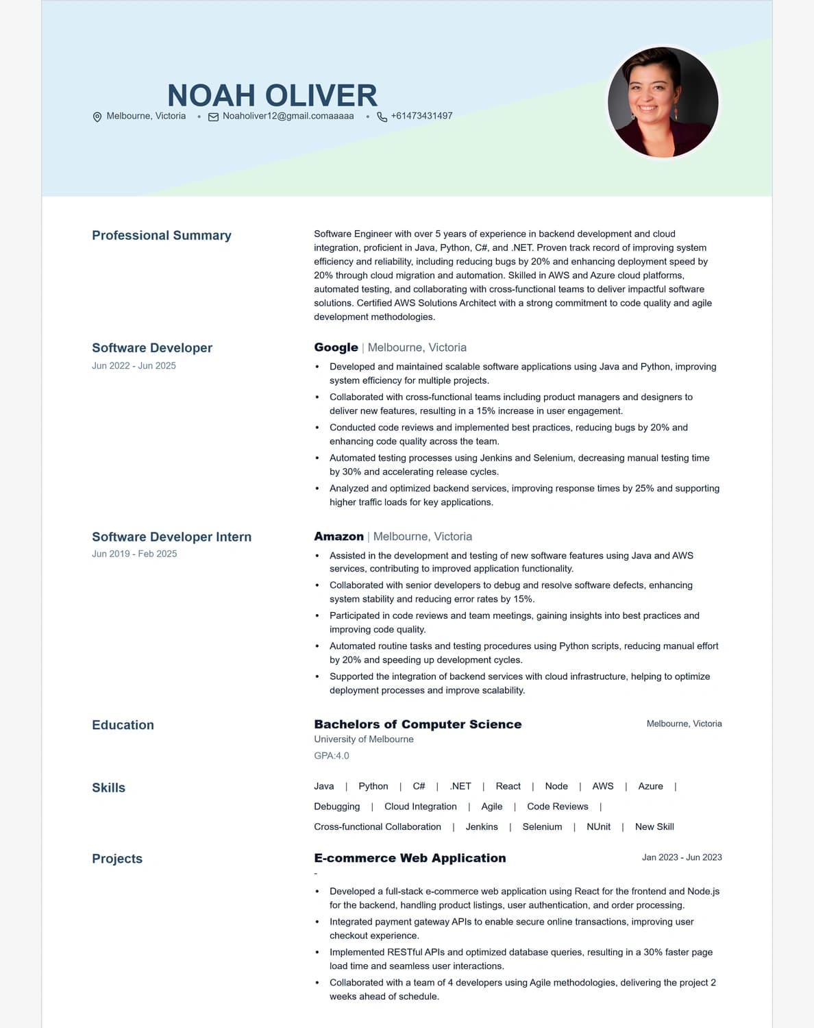Noah Oliver resume preview using the Horizon template