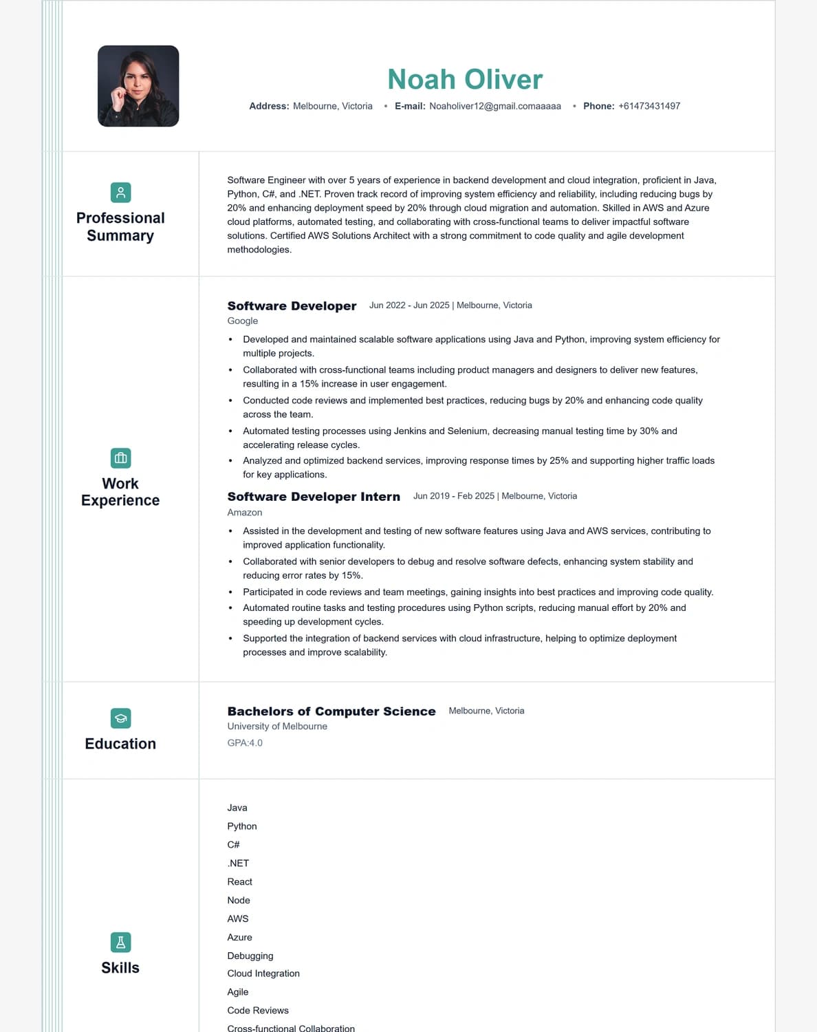 Noah Oliver resume preview using the Jade template