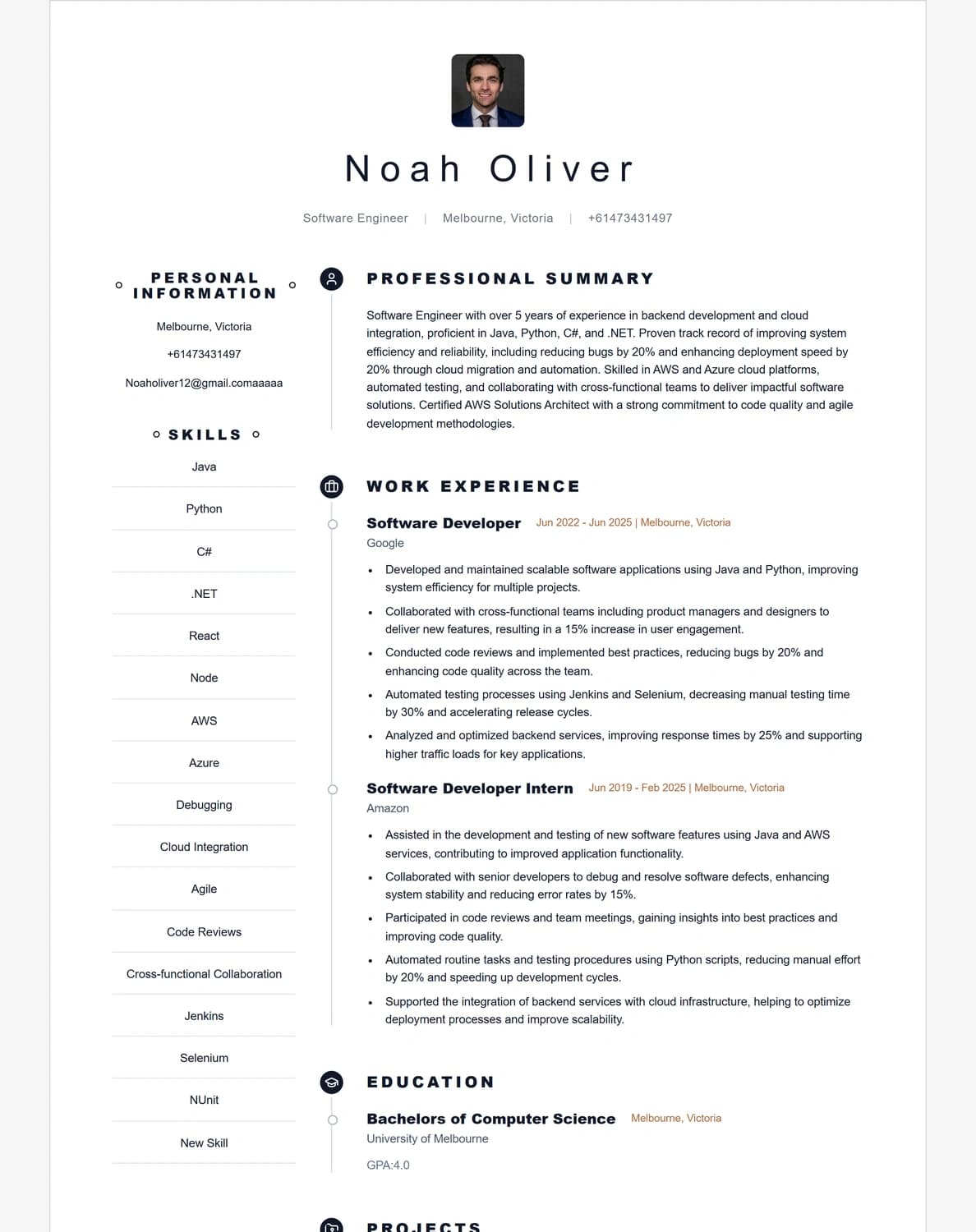 Noah Oliver resume preview using the Meridian template