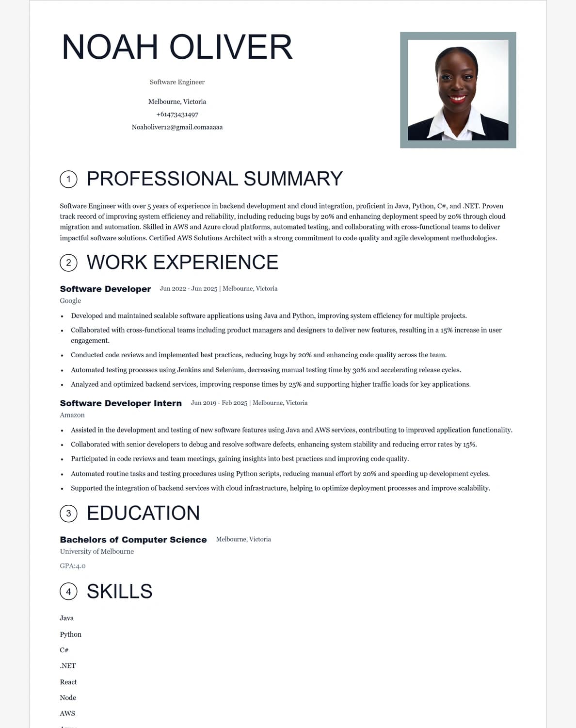 Noah Oliver resume preview using the Monarch template