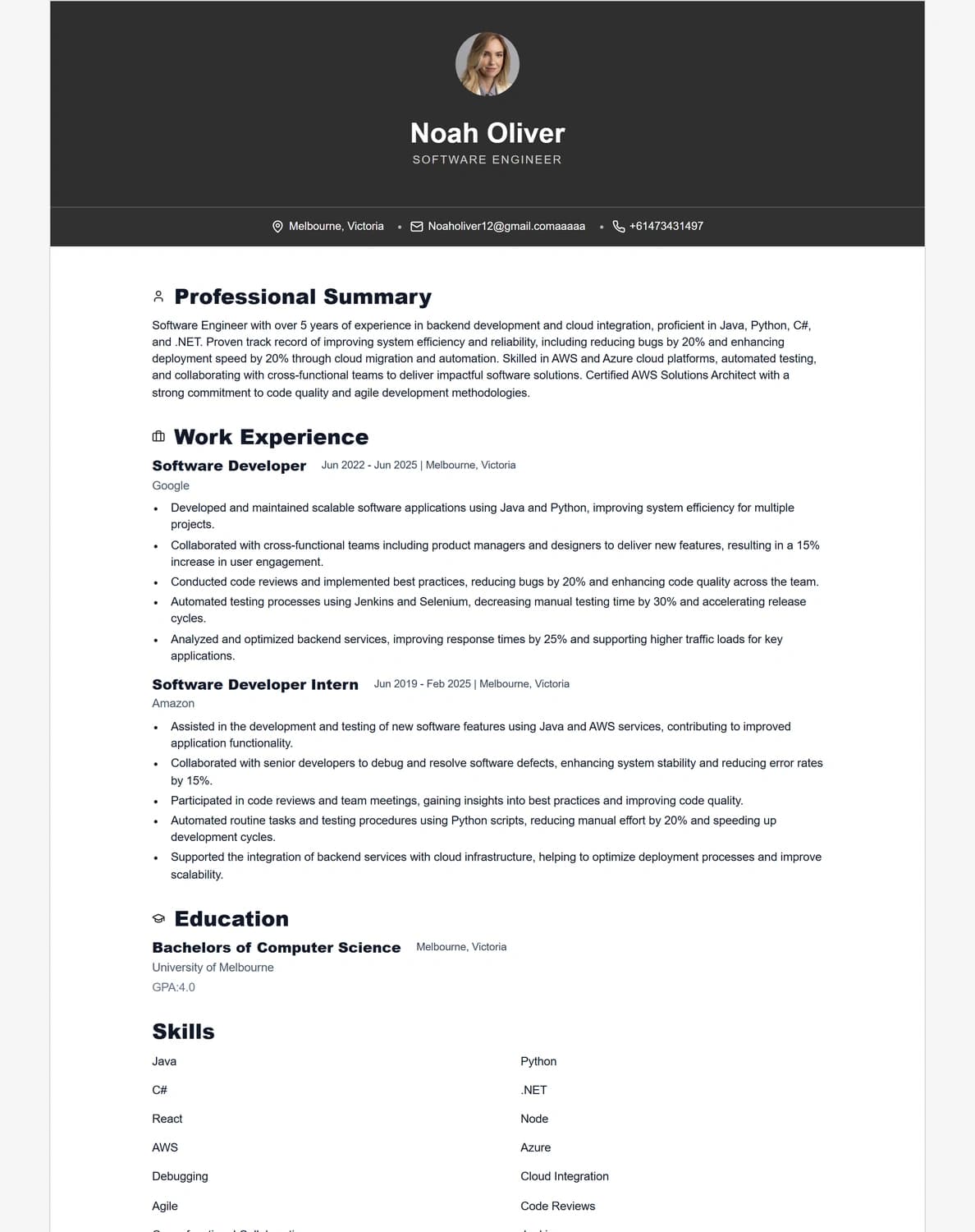 Noah Oliver resume preview using the Onyx template
