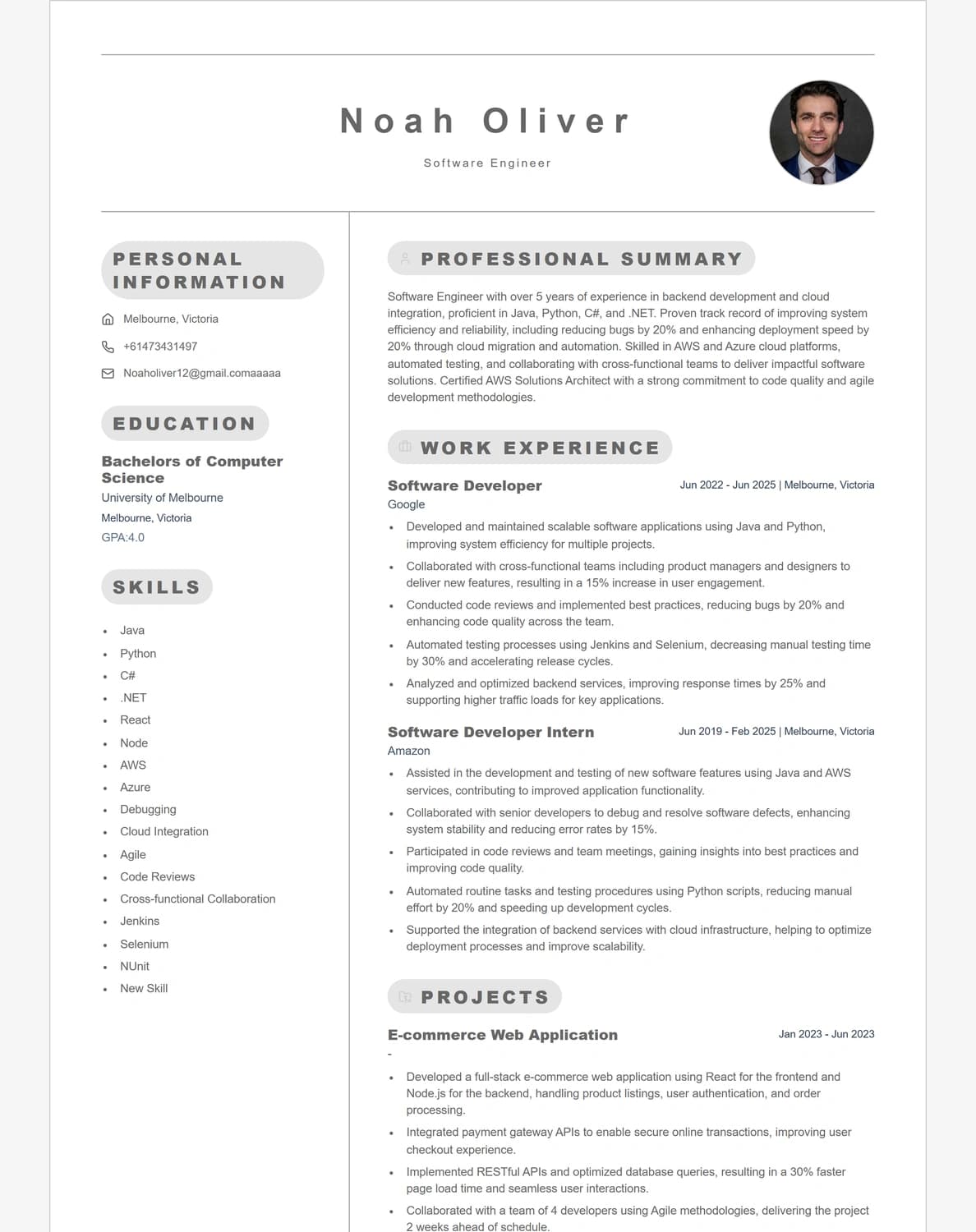 Noah Oliver resume preview using the Signature template