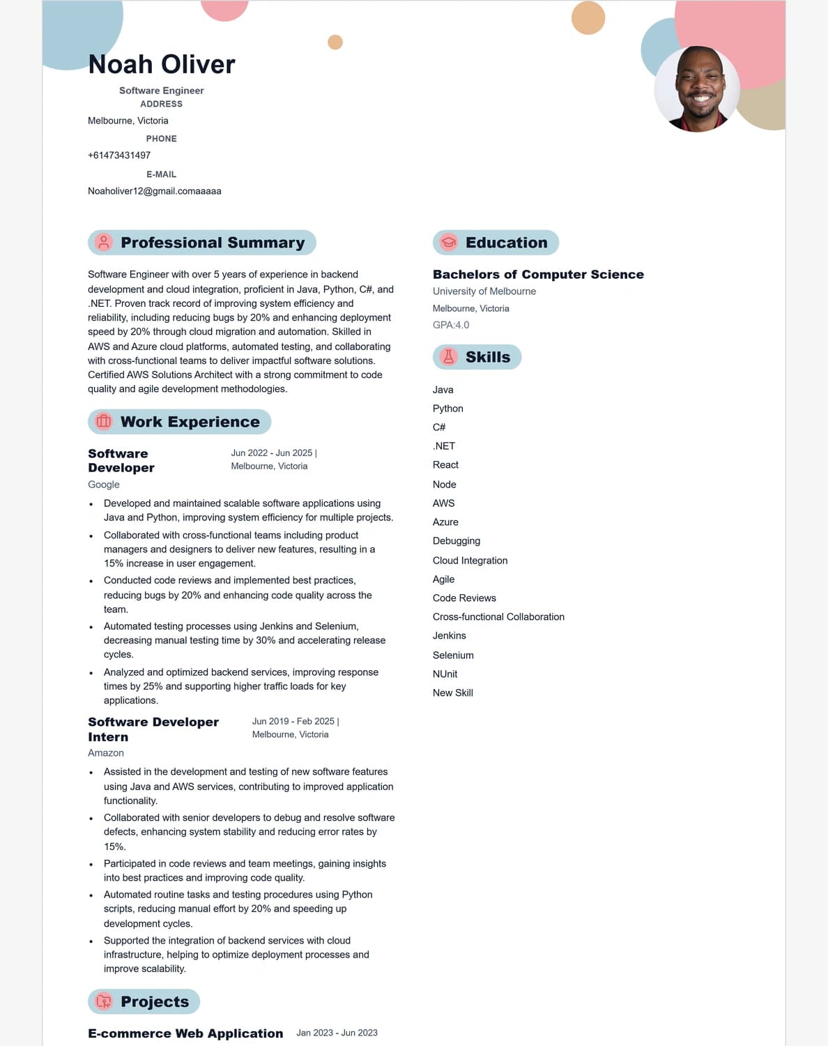 Noah Oliver resume preview using the Spark template