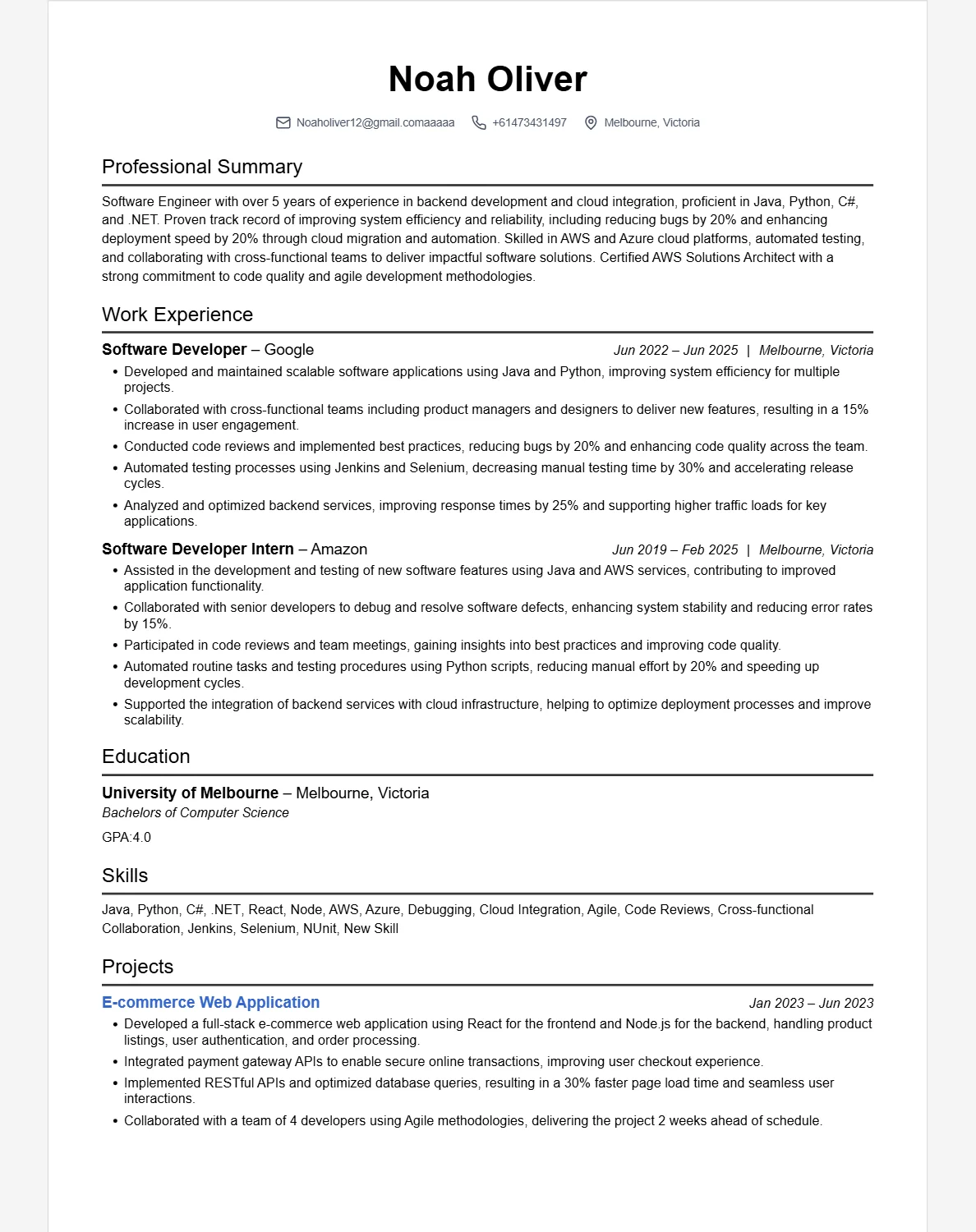 Noah Oliver resume preview using the Standard template