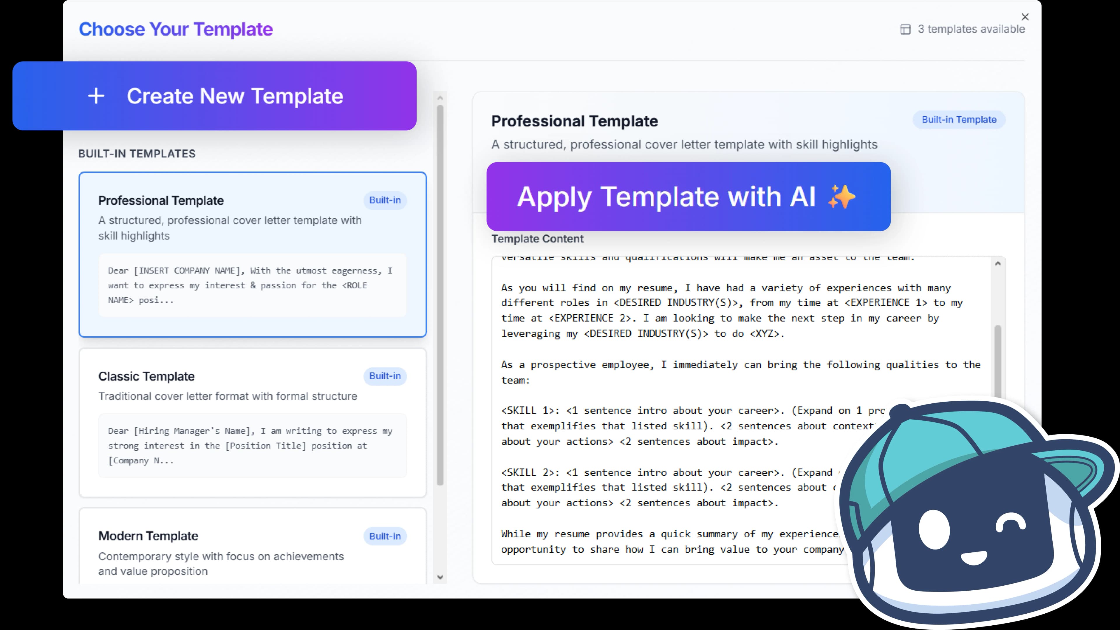 Jobsuit cover letter template selection interface
