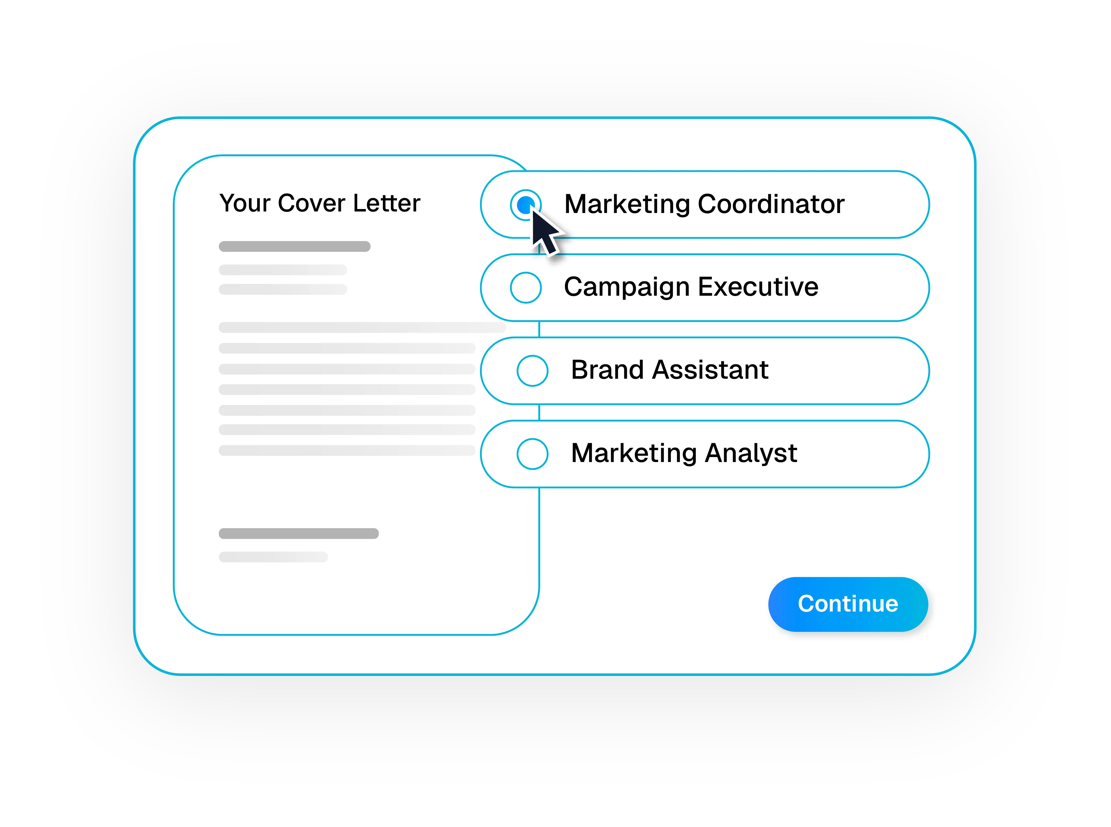 Jobsuit cover letter setup screen for choosing a target job
