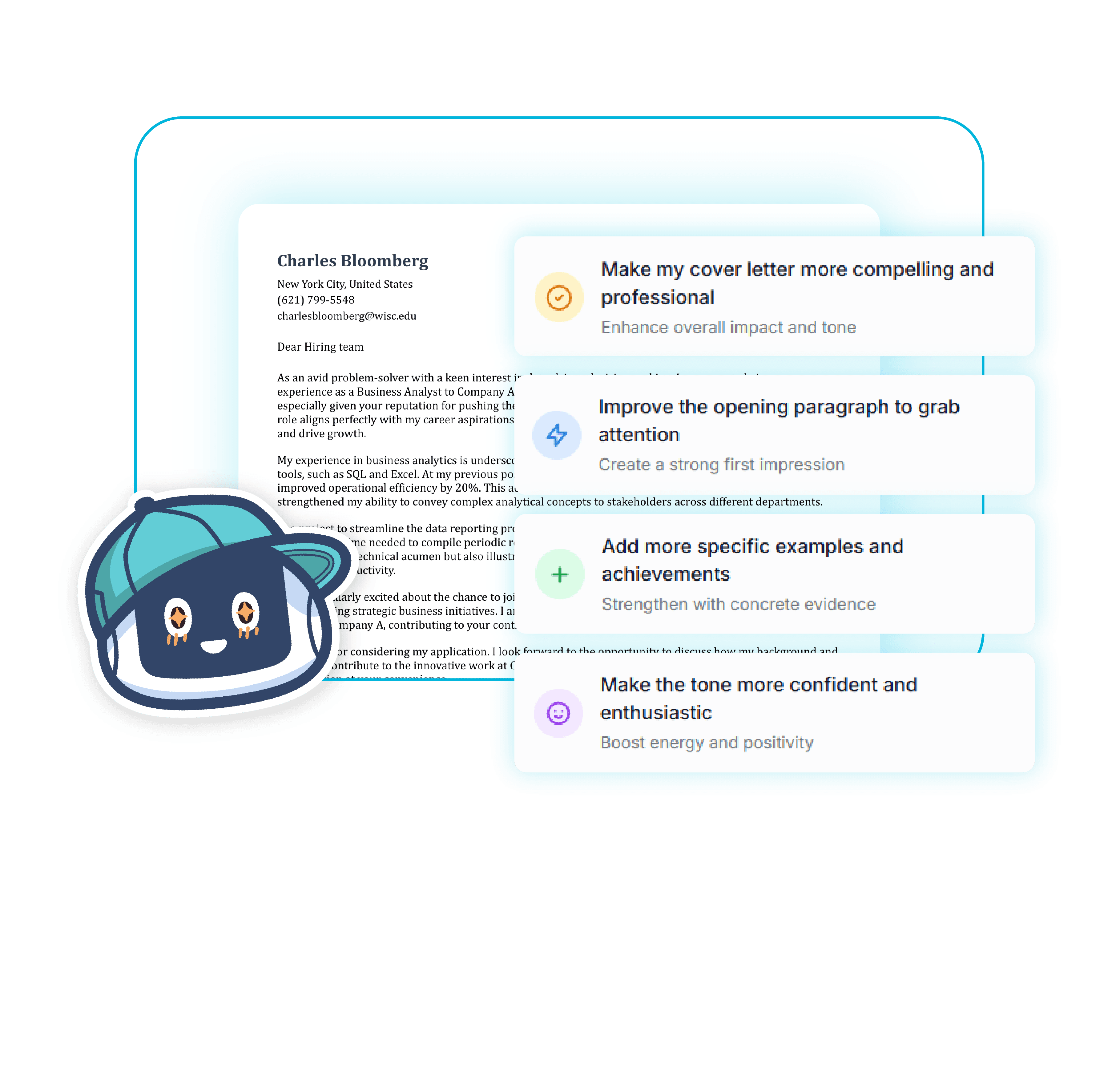 Jobsuit AI assistant improving a generated cover letter