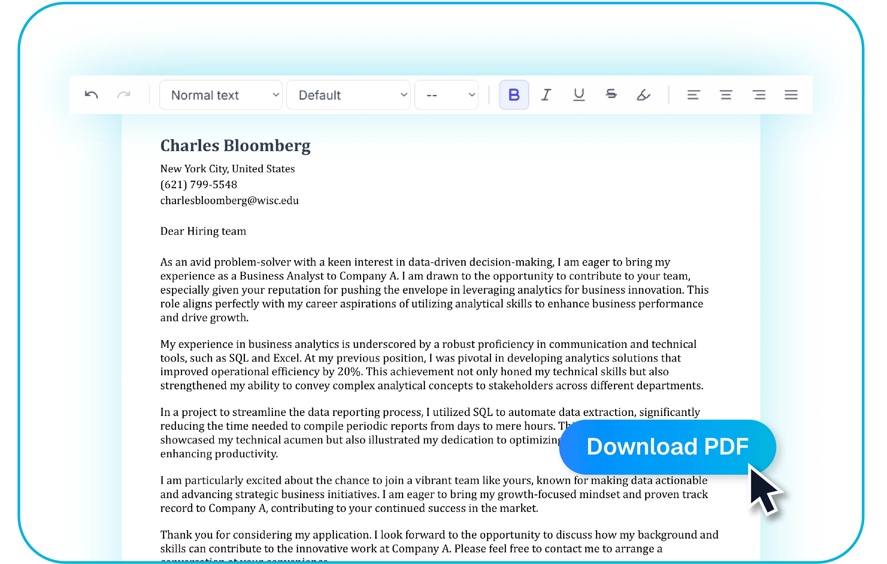 Jobsuit cover letter formatting and download screen