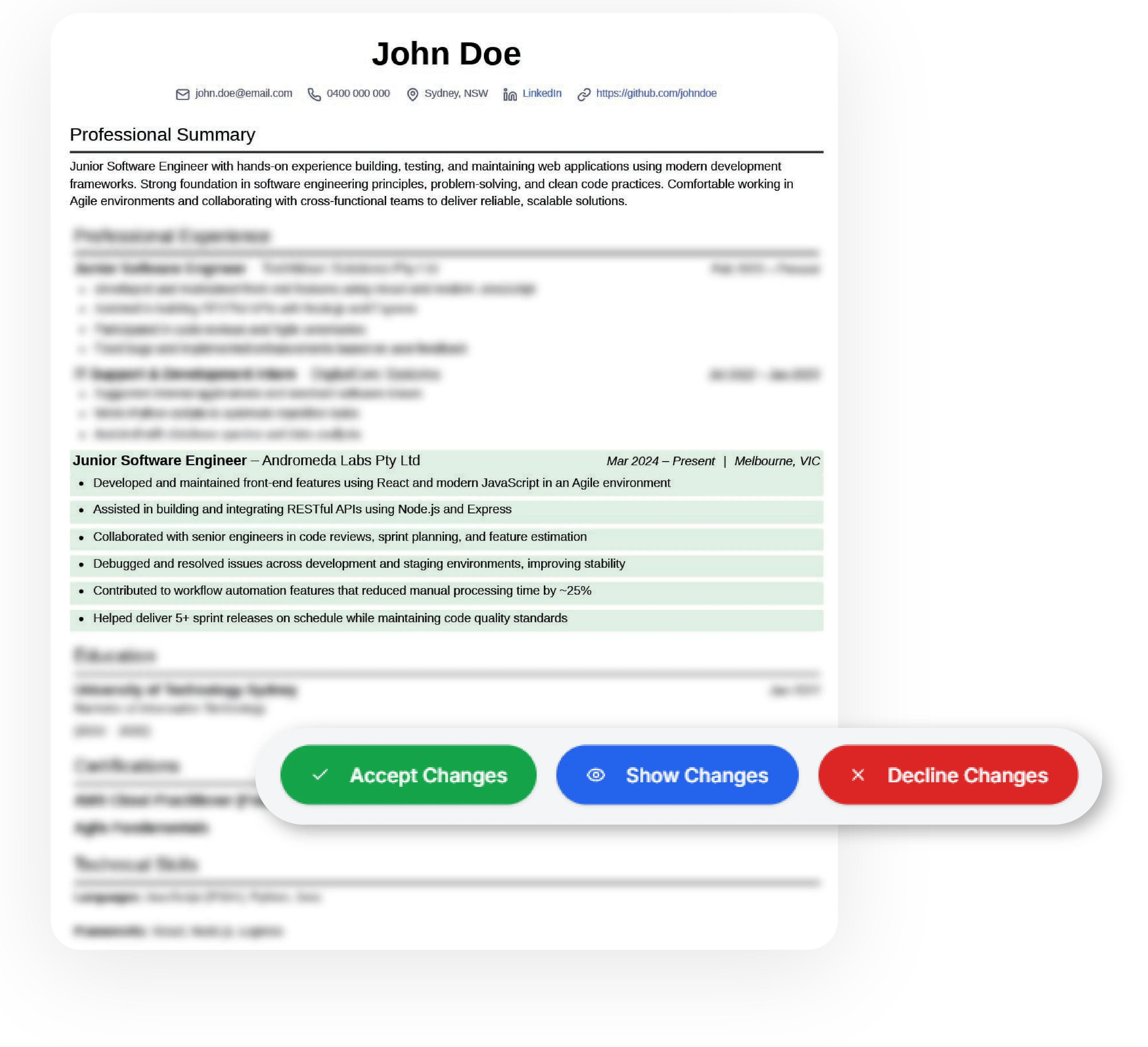 Resume improvement suggestions with accept, show, and decline actions