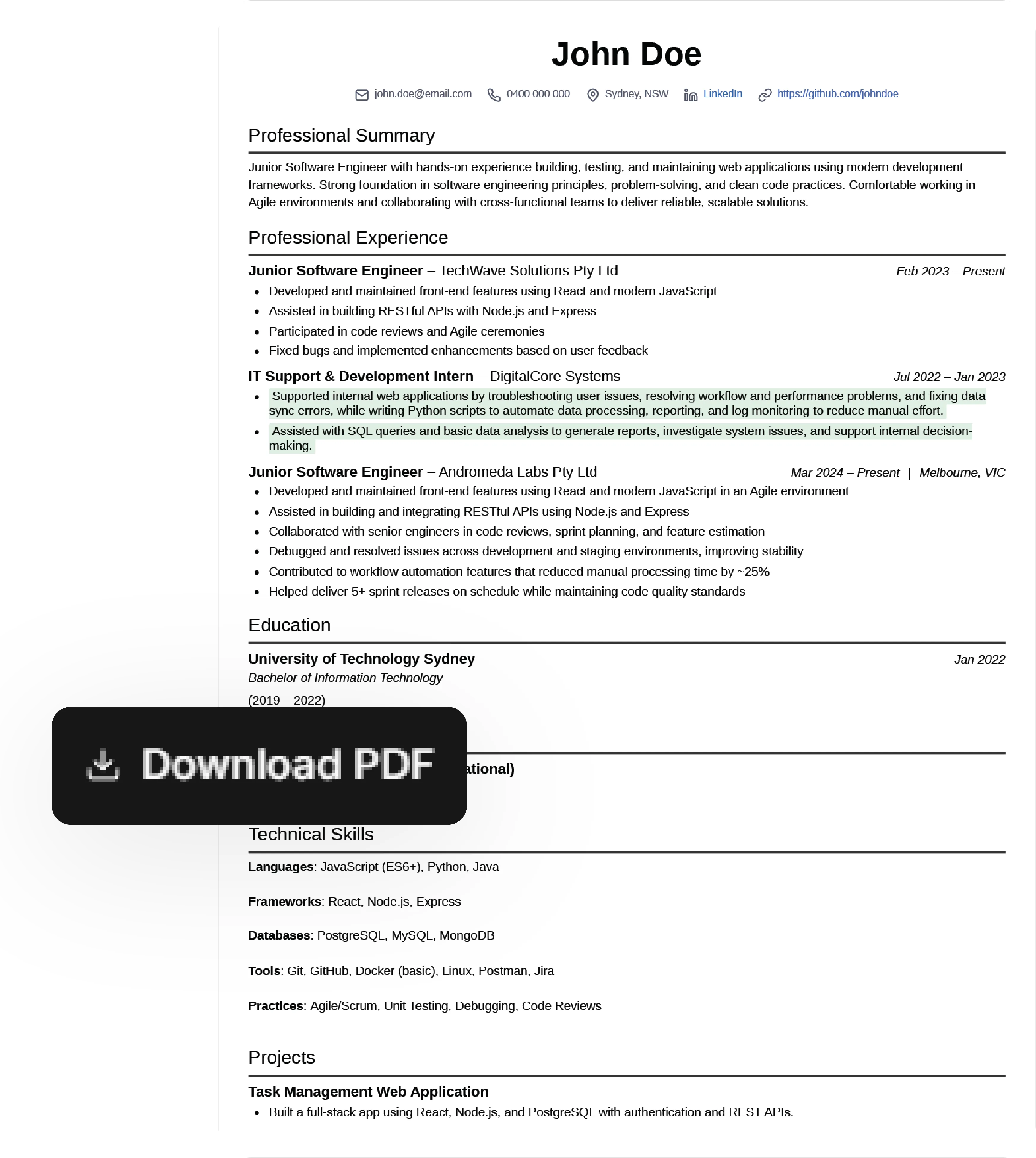 Optimized resume preview with download PDF action